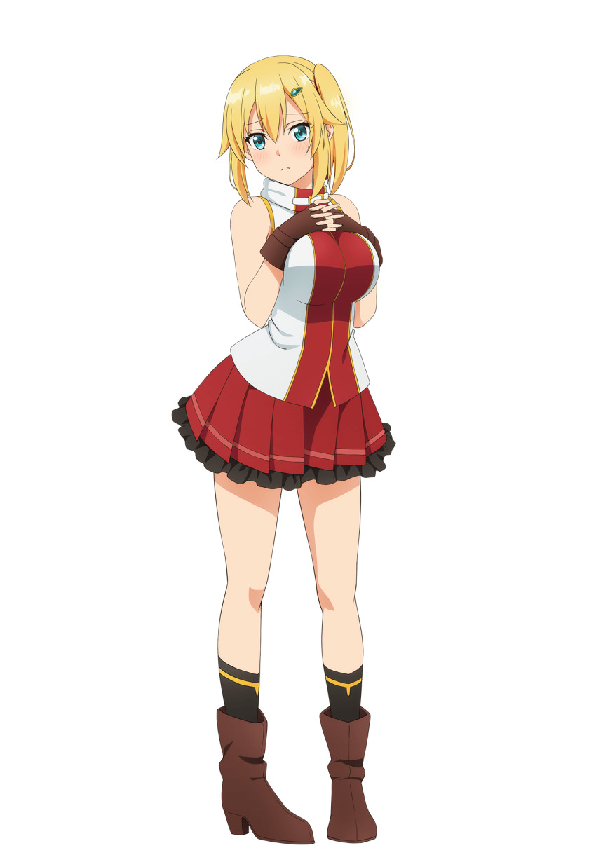 1girl, aqua_eyes, artist_request, bare_shoulders, black_socks, blonde_hair, blush, boots