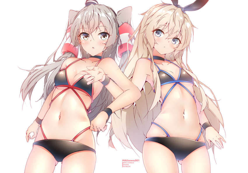 2girls, amatsukaze_(kancolle), bikini, black_bikini, blonde_hair, brown_eyes, cowboy_shot, flat_chest