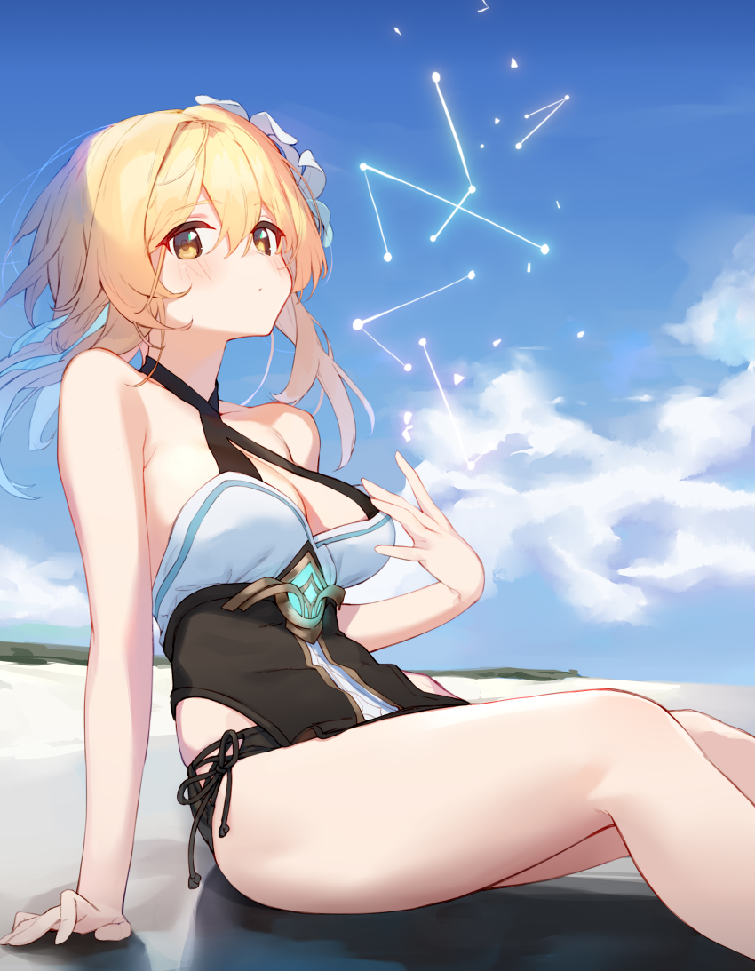 1girl, absurdres, adapted_costume, arm_support, bad_id, bad_pixiv_id, beach, blonde_hair, blush, breasts, cleavage, cloud, criss-cross_halter, flower, genshin_impact, hair_flower, hair_ornament, halterneck, highres, looking_at_viewer, lumine_(genshin_impact), medium_breasts, one-piece_swimsuit, sand, short_hair_with_long_locks, side-tie_swimsuit, sitting, sky, solo, swimsuit, tai_(e3d1p), white_flower, yellow_eyes