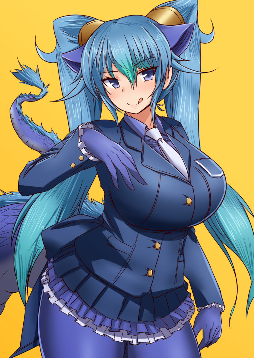 1girl, :p, blue_eyes, blue_gloves, blue_hair, blue_jacket, blue_pantyhose, blue_shirt