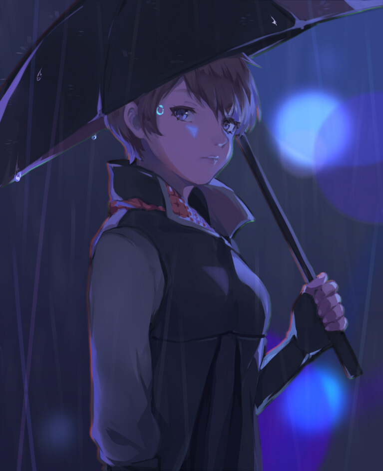 1girl, anchun_(quail0503), arm_at_side, black_umbrella, blue_eyes, blurry, blurry_background, brown_hair