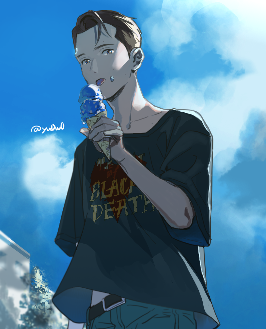 1boy, artist_name, bad_id, bad_pixiv_id, black_hair, black_shirt, casual, cloud