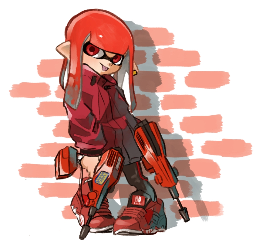 1girl, closed_mouth, dualie_squelchers_(splatoon), earrings, full_body, holding, inkling, inkling_girl