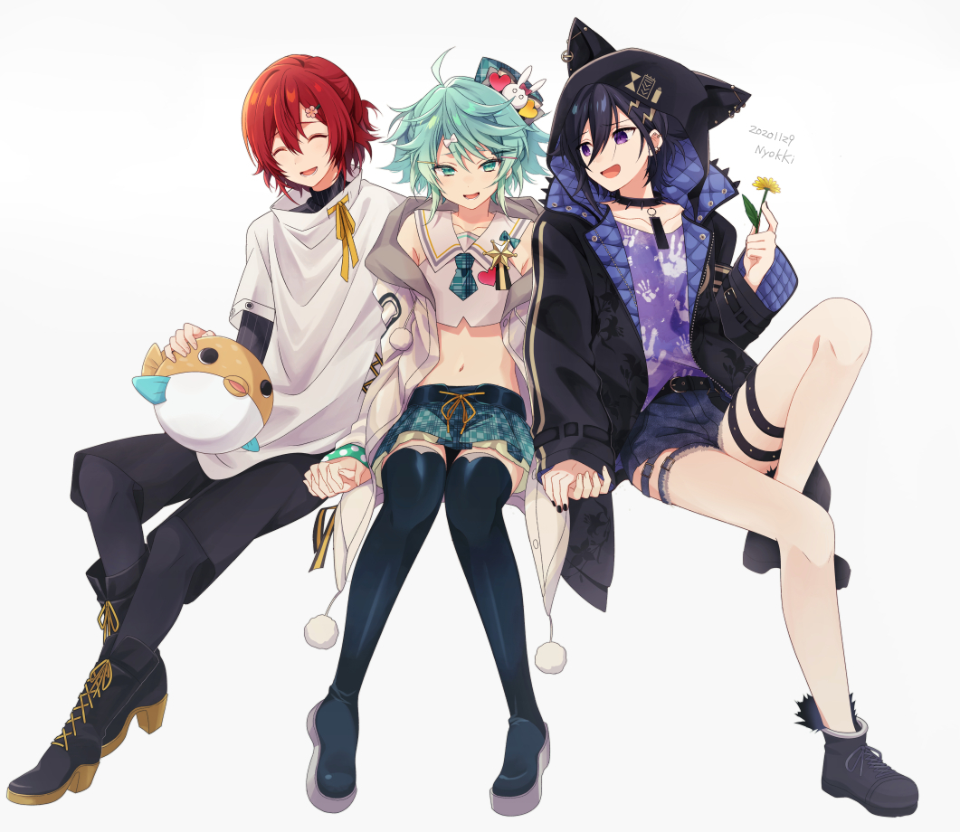 3boys, animal_hood, artist_name, bare_shoulders, belt, belt_buckle, black_hair, black_nails, boots, buckle, closed_eyes, collarbone, crop_top, cross-laced_footwear, dated, fish, flower, green_eyes, green_hair, hair_ornament, hairclip, hanasaki_miyabi, hanasaki_miyabi_(1st_costume), handprint, high_heels, holding, holding_flower, holding_hands, holostars, hood, invisible_chair, kagami_kira, kanade_izuru, layered_sleeves, lightning_bolt, lightning_bolt_hair_ornament, lightning_bolt_symbol, long_sleeves, looking_at_another, looking_at_viewer, male_focus, midriff, multiple_boys, nail_polish, navel, necktie, nyokkiiiiin, open_mouth, pants, pom_pom_(clothes), purple_eyes, purple_shirt, red_hair, shirt, short_over_long_sleeves, short_sleeves, shorts, sitting, skirt, smile, stuffed_animal, stuffed_fish, stuffed_toy, thigh_boots, thighhighs, trap, virtual_youtuber