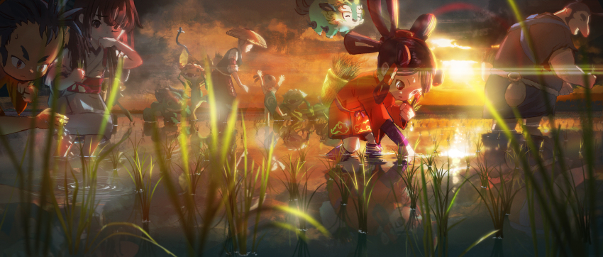 3boys, 3girls, absurdres, bag, basket, black_eyes, black_hair, brown_hair