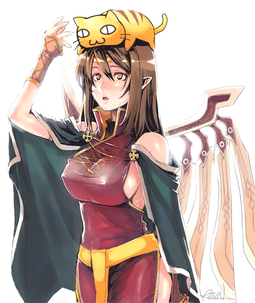 1girl, :3, belt, breasts, brown_hair, cape, cat, covered_erect_nipples