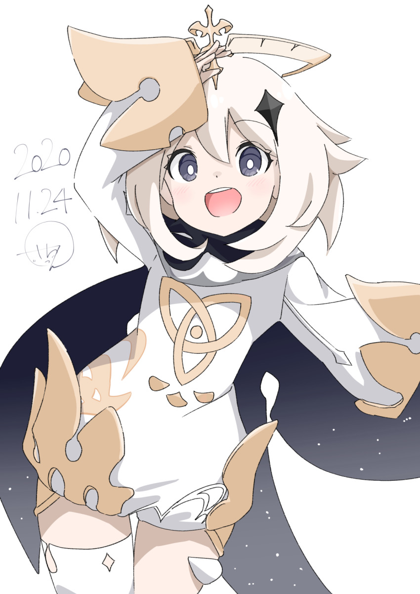 1girl, asymmetrical_legwear, blue_eyes, blush, cape, dress, genshin_impact, hair_between_eyes