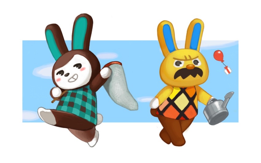 animal_crossing, animal_ears, argyle_clothes, argyle_shirt, bad_id, bad_twitter_id, balloon, black_eyes