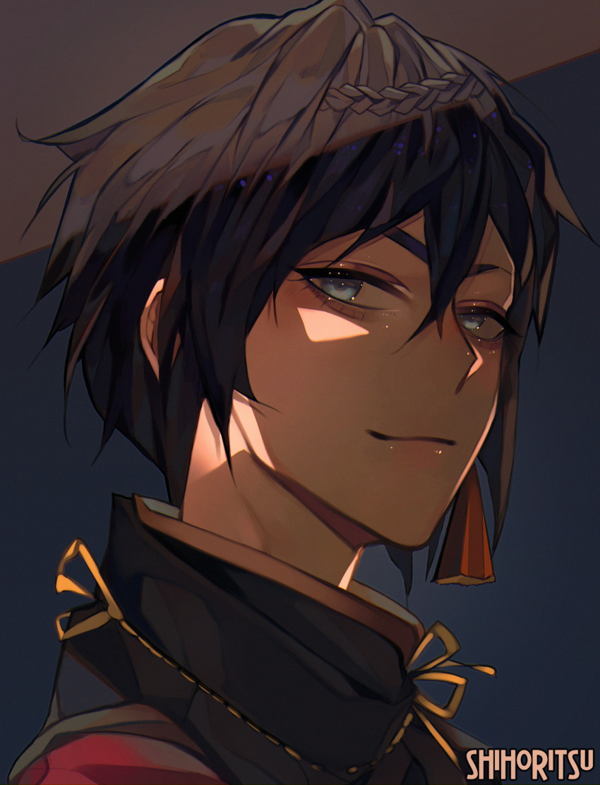 1boy, artist_name, black_hair, blue_background, braid, brown_hair, close-up, closed_mouth, commentary, commission, crossed_bangs, crown_braid, dark-skinned_male, dark_skin, english_commentary, film_grain, grey_eyes, hair_between_eyes, highres, looking_at_viewer, makeup, male_focus, mascara, original, portrait, ribbon, ribbon-trimmed_collar, ribbon_trim, shihoritsu, short_hair, simple_background, smirk, solo, thick_eyebrows, yellow_ribbon
