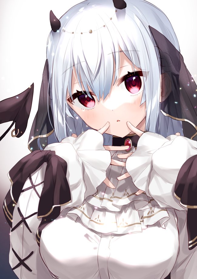 1girl, black_ribbon, breasts, commentary_request, demon_girl, demon_horns, demon_tail, gradient_background