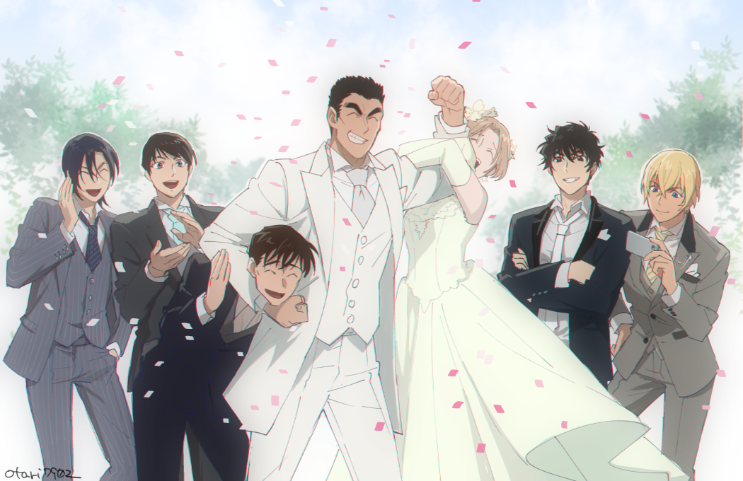 1girl, 6+boys, :d, ^_^, alternate_universe, amuro_tooru, arm_around_neck, black_hair, black_jacket, black_neckwear, black_pants, blonde_hair, blue_neckwear, bride, brown_hair, buttons, cellphone, clapping, clenched_hand, closed_eyes, closed_mouth, commentary_request, confetti, couple, crossed_arms, dark-skinned_male, dark_skin, date_wataru, day, diagonal-striped_clothes, diagonal-striped_necktie, dress, elbow_gloves, flower, formal_clothes, gloves, good_end, grey_jacket, grey_pants, grey_suit, grey_vest, grin, groom, hagiwara_kenji, hair_between_eyes, hair_flower, hair_ornament, hand_in_pocket, hand_on_own_hip, happy, hetero, holding, holding_phone, indesign, jacket, kuruma_natalie, lifting_person, long_sleeves, looking_at_another, loose_necktie, matsuda_jinpei, meitantei_conan, multiple_boys, necktie, open_clothes, open_jacket, open_mouth, pants, phone, scotch_(meitantei_conan), shirt, short_hair, signature, smile, standing, striped_clothes, striped_jacket, striped_legwear, striped_necktie, striped_neckwear, striped_pants, striped_vest, suit, takagi_wataru_(meitantei_conan), teeth, thick_eyebrows, tree, upper_teeth_only, vertical-striped_clothes, vertical-striped_jacket, vertical-striped_legwear, vertical-striped_pants, vertical-striped_vest, vest, wedding, wedding_dress, white_dress, white_gloves, white_jacket, white_pants, white_shirt, white_suit, white_vest