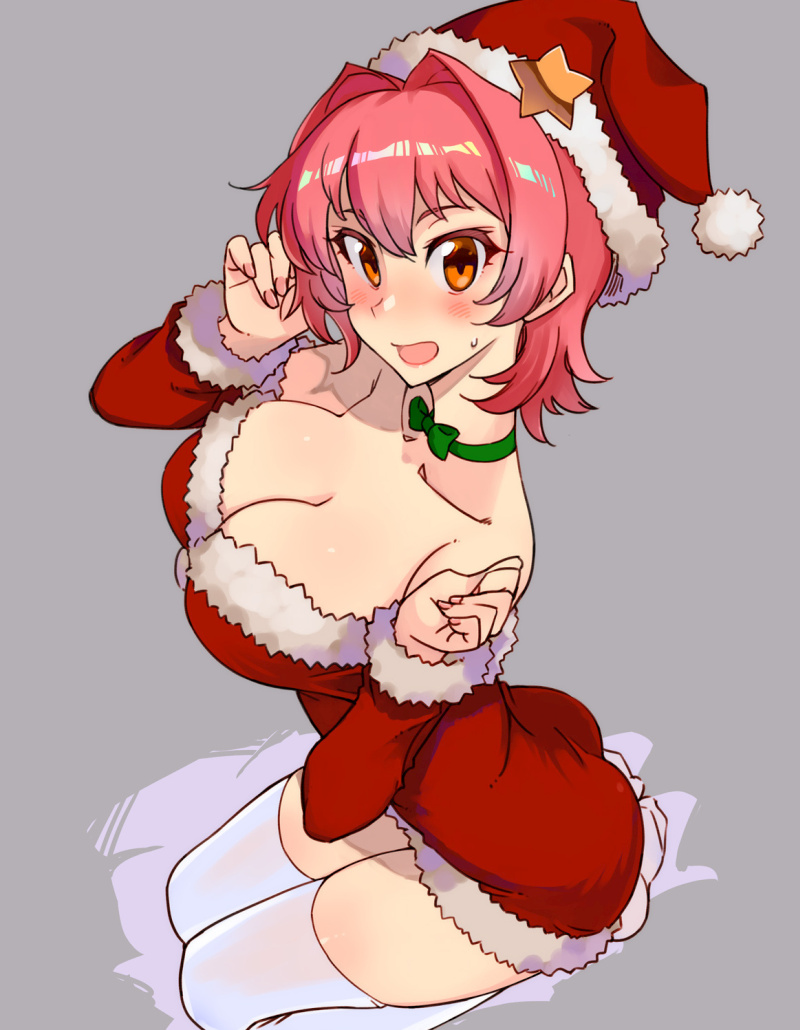 1girl, alternate_costume, breasts, christmas, dress, fur_trim, hat, kinu_(kancolle)