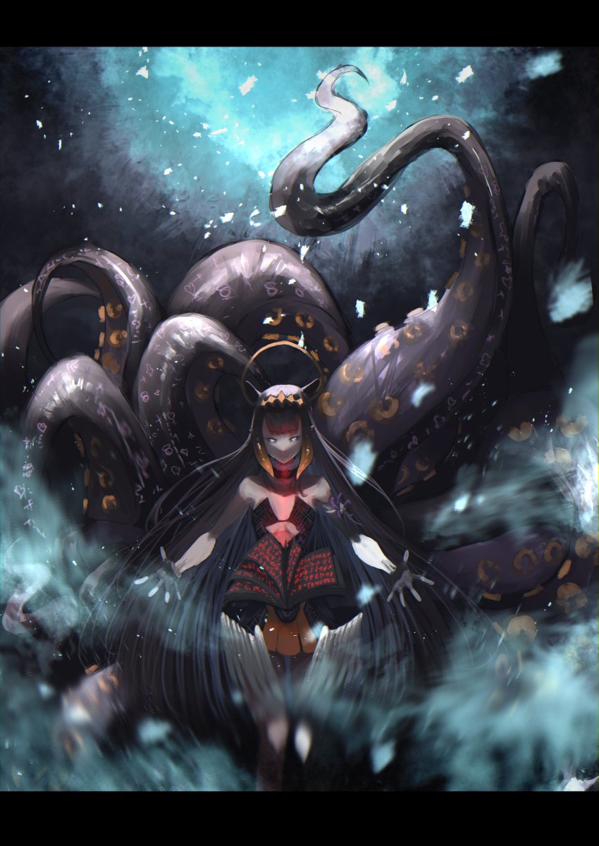 1girl, absurdres, alternate_eye_color, black_hair, black_sclera, blue_eyes, blue_sky, blurry, book, colored_sclera, depth_of_field, flat_chest, gloves, glowing, glowing_eyes, glowing_words, grimoire, half_gloves, halo, hasewo, highres, hololive, hololive_english, letterboxed, long_hair, low_wings, motion_blur, ninomae_ina'nis, ninomae_ina'nis_(1st_costume), open_book, sky, solo, splashing, spread_fingers, tentacle_hair, tentacles, very_long_hair, virtual_youtuber, water, water_drop, wings