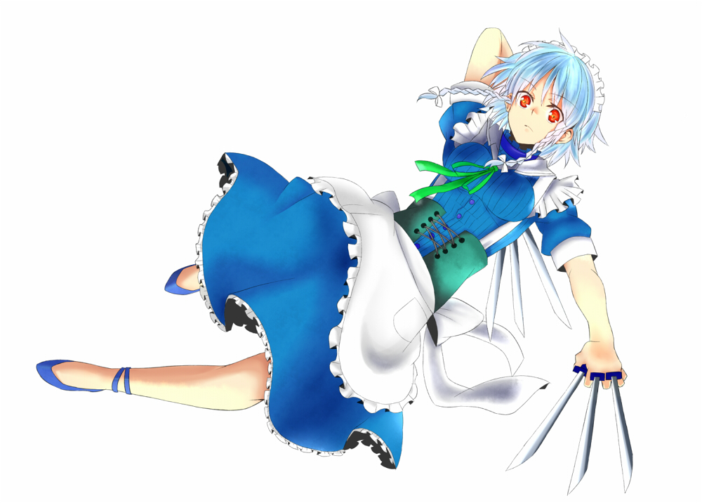 1girl, braid, breasts, colorized, dress, female_focus, full_body, izayoi_sakuya