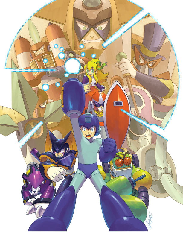 arm_cannon, arm_up, auto_(mega_man), bass_(mega_man), blades, blonde_hair, blue_eyes, burner_man