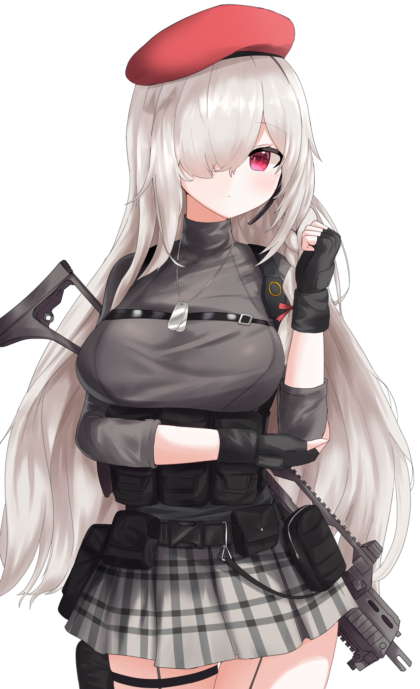 1girl, absurdres, assault_rifle, beret, black_gloves, checkered_clothes, checkered_skirt, closed_mouth