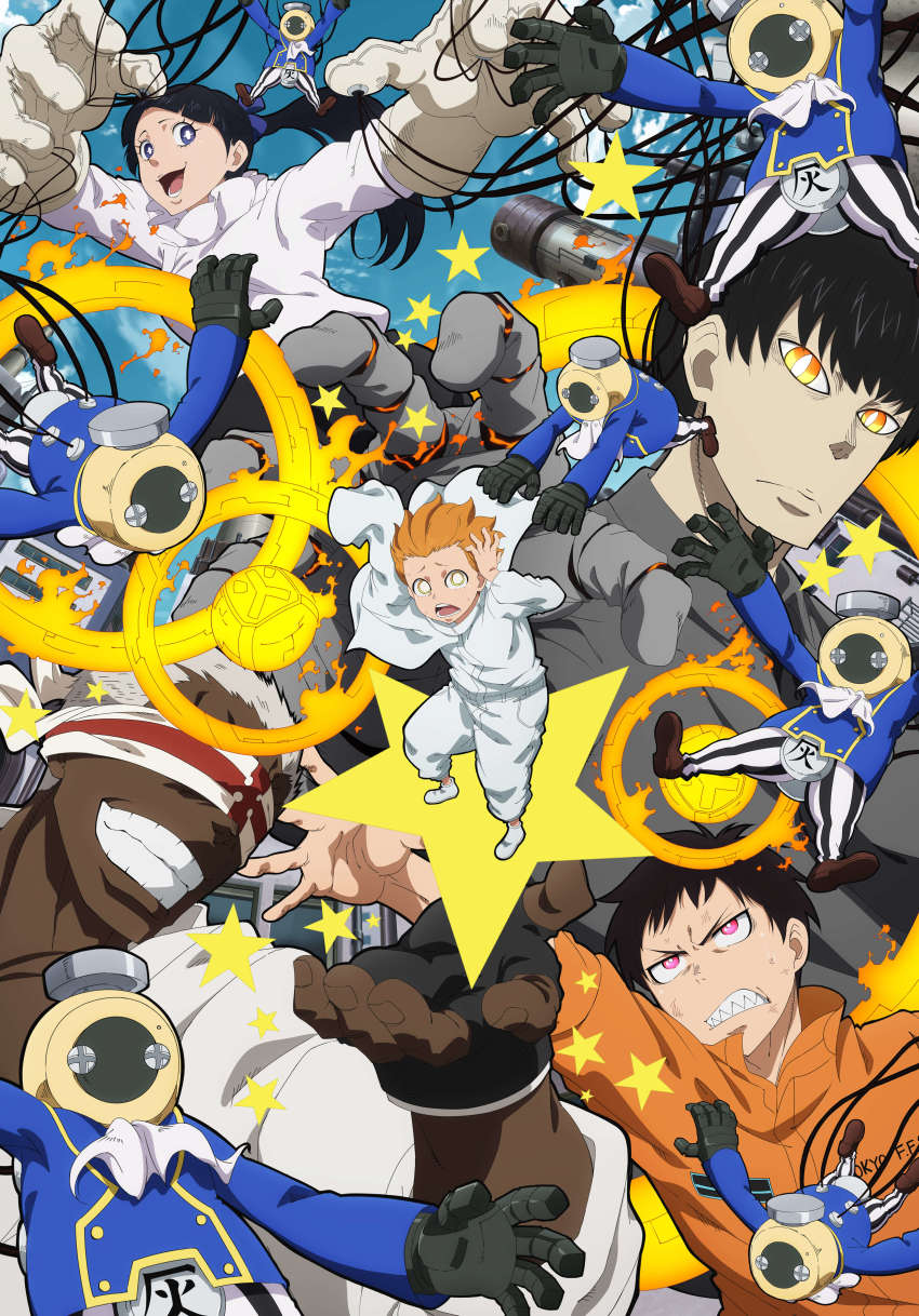 1girl, 4boys, absurdres, bandaged_arm, bandages, blindfold, blonde_hair, blue_eyes