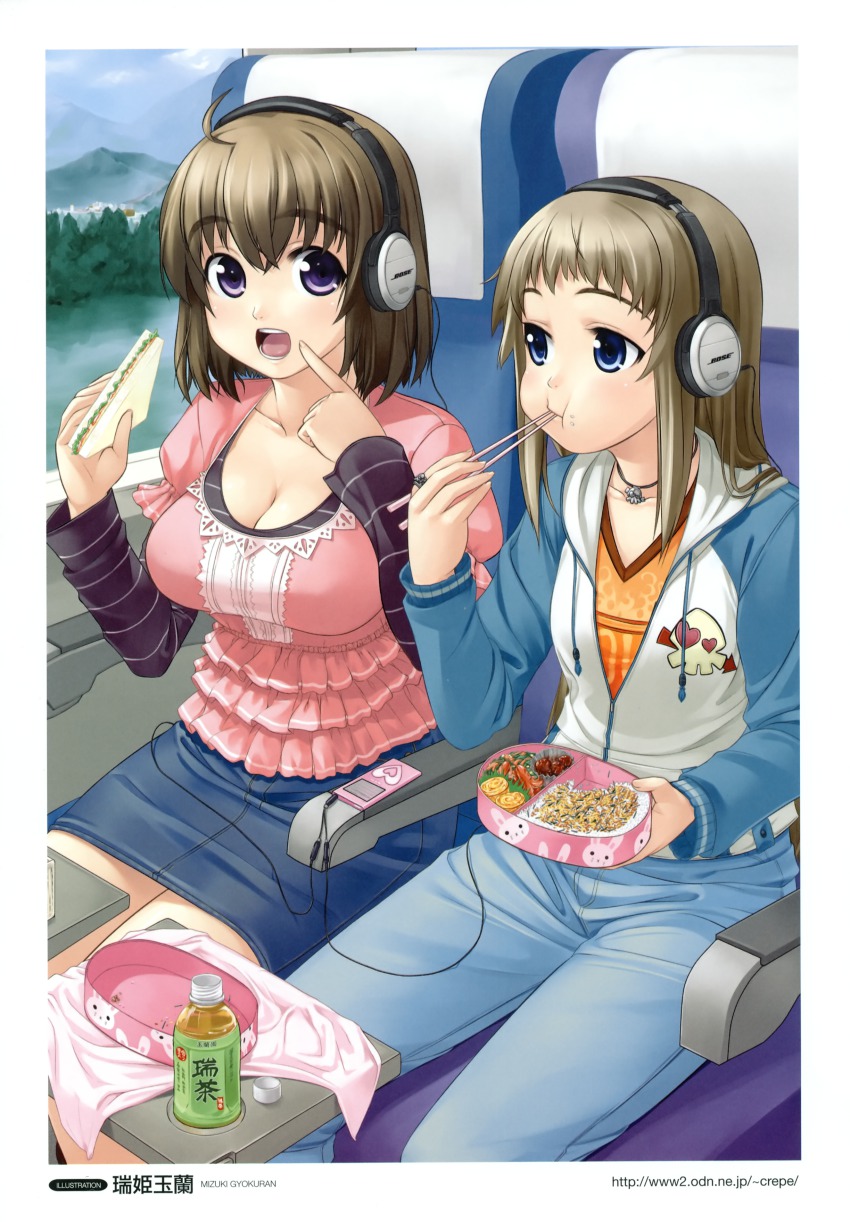 2girls, :t, absurdres, ahoge, bento, blue_eyes, bottle, breasts, brown_hair, cleavage, denim, denim_skirt, mp3_player, eating, food, food_on_face, frills, green_tea, headphones, highres, hood, hoodie, ipod, ipod_mini, jewelry, large_breasts, long_hair, lunchbox, mizuki_gyokuran, multiple_girls, open_mouth, original, pants, pencil_skirt, pointing, product_placement, purple_eyes, rice, rice_on_face, ring, sandwich, short_hair, sitting, skirt, smile, tareme, tea, train, train_interior