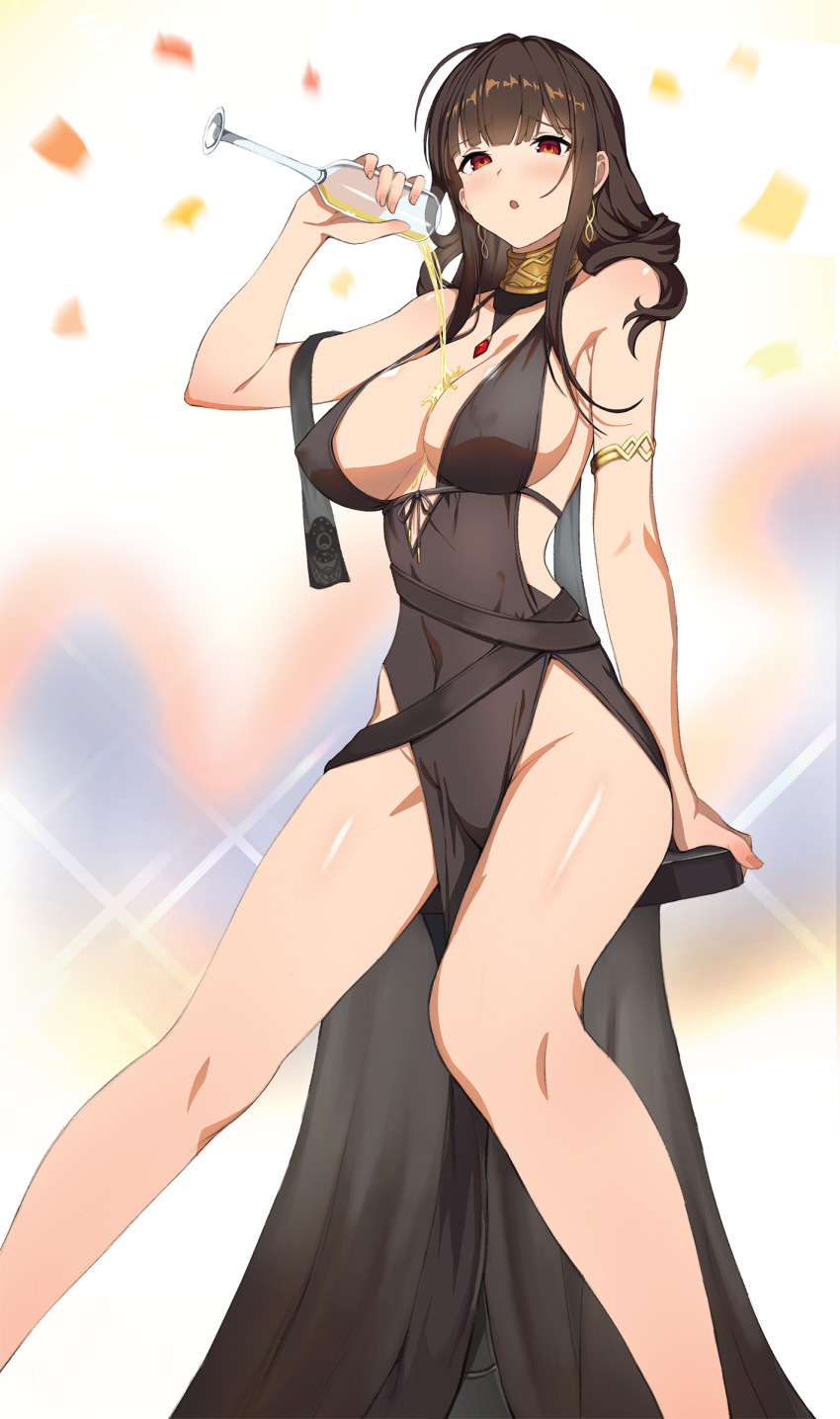 1girl, absurdres, ahoge, armlet, bad_id, bad_pixiv_id, bare_legs, bare_shoulders, black_dress, black_hair, breasts, champagne_flute, cleavage, collar, covered_erect_nipples, covered_navel, cup, dress, drinking_glass, dsr-50_(girls'_frontline), dsr-50_(highest_bid)_(girls'_frontline), girls'_frontline, halter_dress, halterneck, highres, holding, holding_cup, jewelry, large_breasts, long_hair, looking_at_viewer, no_bra, official_alternate_costume, parted_lips, pelvic_curtain, pouring, pouring_onto_self, red_eyes, sitting, sleeveless, sleeveless_dress, solo, spaghetti_strap, stool, strap_gap, thighs, wangjook_(wj)