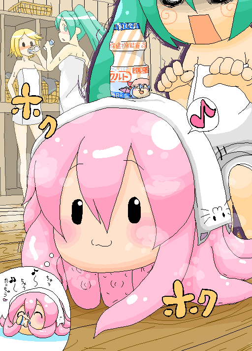 3girls, :3, aqua_hair, bad_id, bad_pixiv_id, cameo, female_focus, hachune_miku