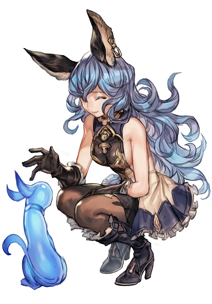 1girl, animal, animal_ears, armpit_crease, backless_dress, backless_outfit, blue_hair, boots
