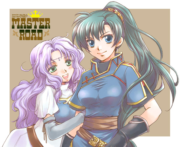1girl, armor, bad_id, bad_pixiv_id, blue_eyes, blush, earrings, elbow_gloves, female_focus, fire_emblem, fire_emblem:_the_blazing_blade, florina_(fire_emblem), gloves, green_eyes, green_hair, high_ponytail, jewelry, kizuki_miki, long_hair, lyn_(fire_emblem), matching_hair/eyes, nintendo, open_mouth, pegasus_knight_uniform_(fire_emblem), ponytail, purple_hair, smile, solo, sword, weapon