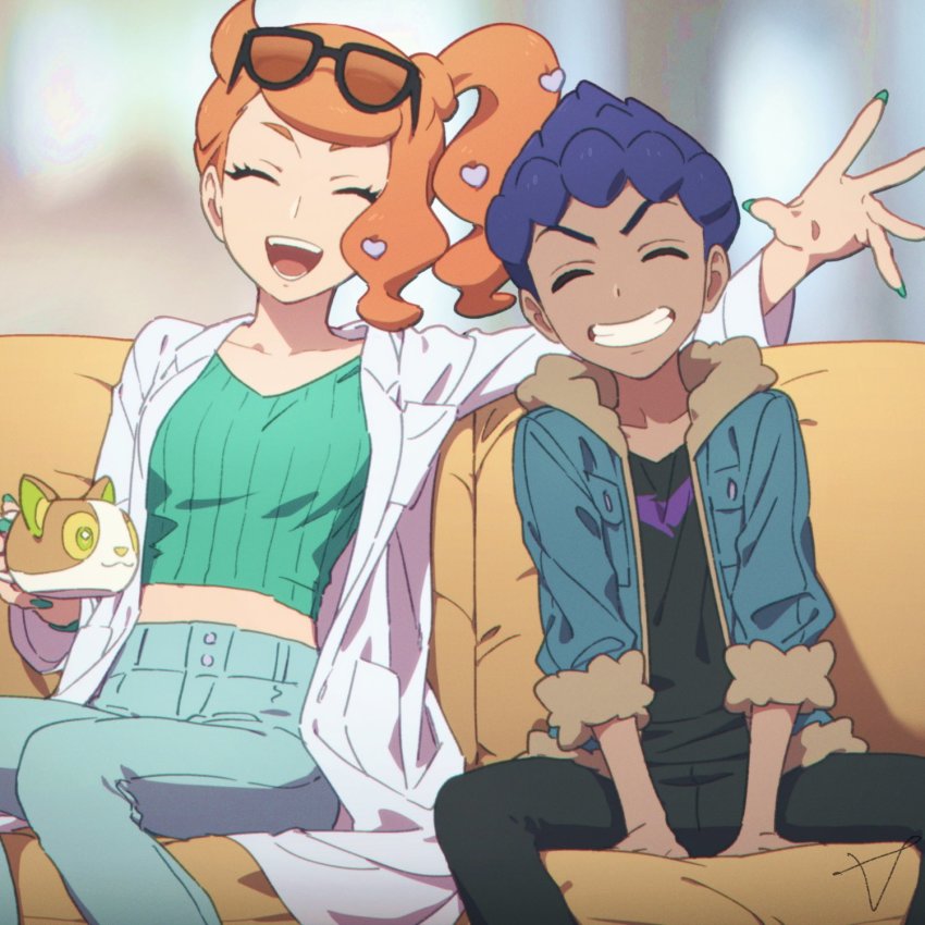 1boy, 1girl, blue_hair, closed_eyes, coffee_mug, couch, cup, dark-skinned_male