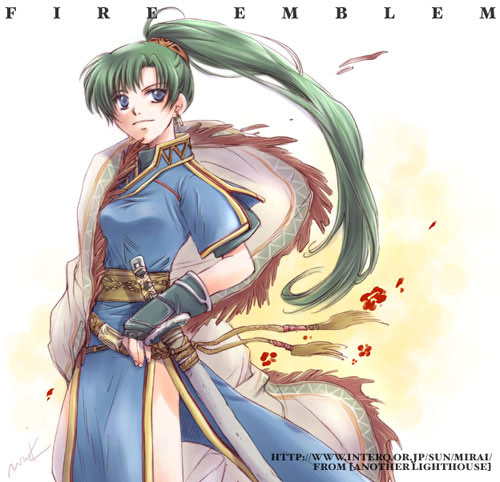 1girl, bad_id, bad_pixiv_id, blue_eyes, earrings, female_focus, fingerless_gloves, fire_emblem, fire_emblem:_the_blazing_blade, gloves, green_hair, high_ponytail, jewelry, katana, kizuki_miki, long_hair, lowres, lyn_(fire_emblem), nintendo, ponytail, shawl, side_slit, solo, sword, weapon