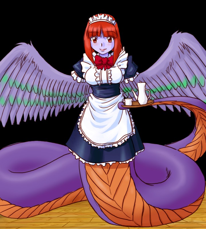 1girl, apron, atlus, baal_(megami_tensei), blush, breasts, colored_skin, cup, feathered_wings, feathers, frills, lamia, maid, maid_apron, maid_headdress, megami_tensei, monster_girl, no_arms, purple_bonus, purple_skin, red_eyes, red_hair, scales, serving, short_hair, smile, solo, spread_wings, supon, teacup, teapot, wings
