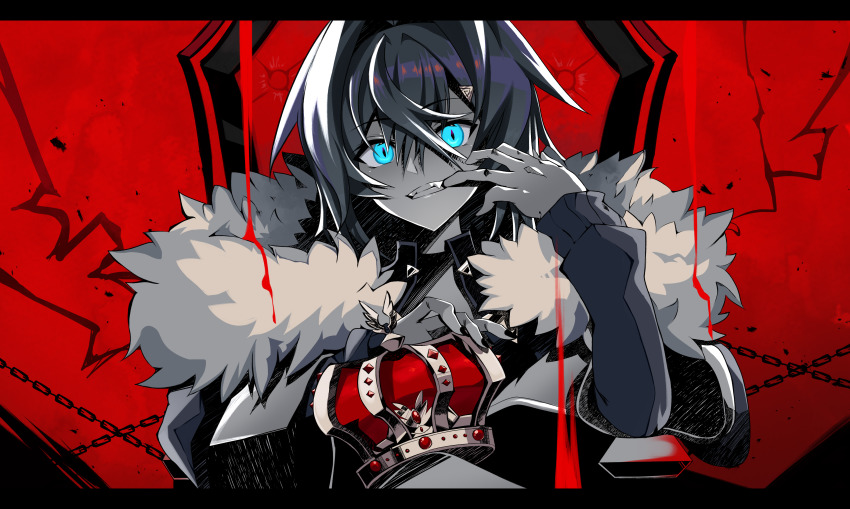 1girl, absurdres, ange_katrina, black_nails, blue_eyes, crown, fang, fur_trim