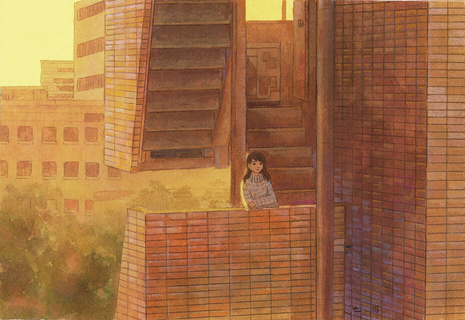 1girl, architecture, brown_hair, building, long_hair, long_sleeves, original, outdoors