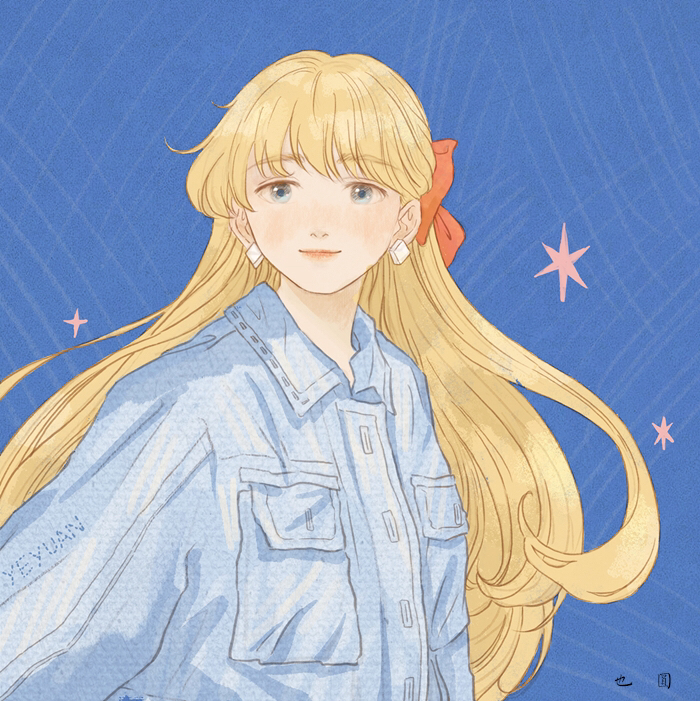 1girl, aino_minako, bishoujo_senshi_sailor_moon, blonde_hair, blue_background, blue_eyes, blue_shirt, collared_shirt