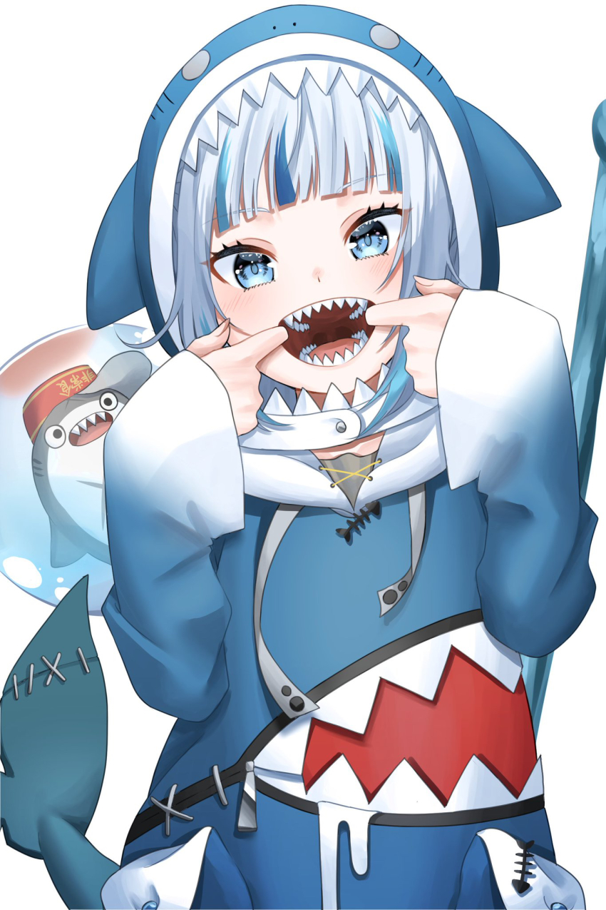 1girl, aboreen, animal_hood, bloop_(gawr_gura), blue_eyes, blue_hair, blue_hoodie, blunt_bangs, blush, cheek_pull, commentary, cowboy_shot, english_commentary, fangs, fins, fish_tail, gawr_gura, gawr_gura_(1st_costume), highres, hololive, hololive_english, hood, hoodie, looking_at_viewer, medium_hair, mouth_pull, multicolored_hair, open_mouth, oversized_zipper, shark_hood, shark_tail, sharp_teeth, silver_hair, simple_background, smile, streaked_hair, tail, teeth, two-tone_hair, virtual_youtuber, white_background, zipper
