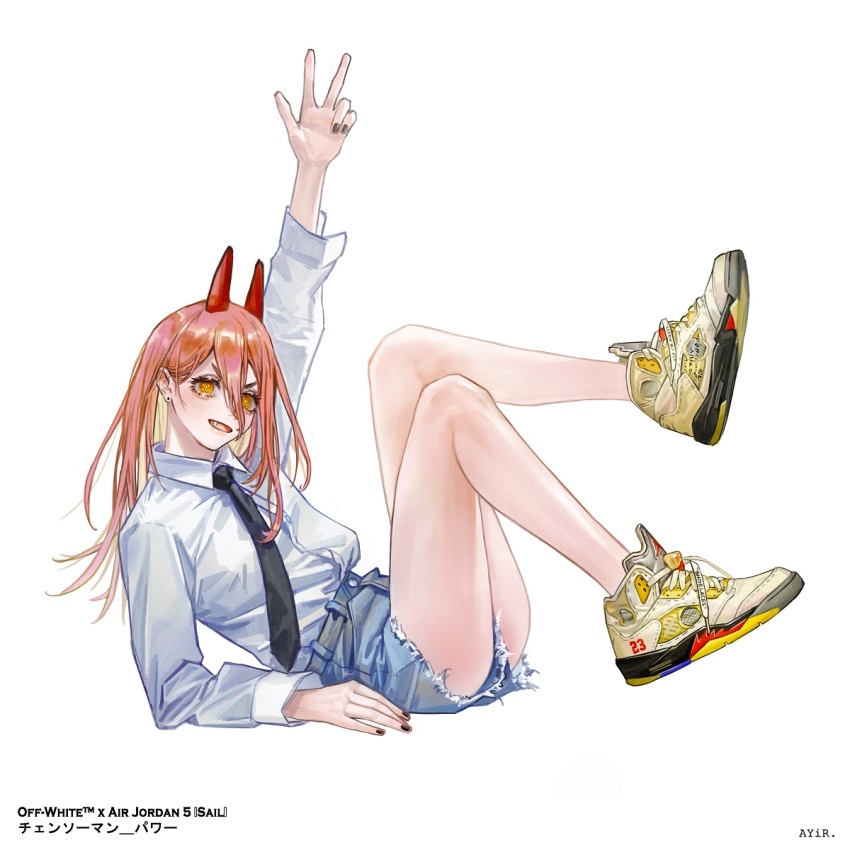 1girl, ange-yi, arm_up, bad_id, bad_pixiv_id, bare_legs, black_nails, black_necktie