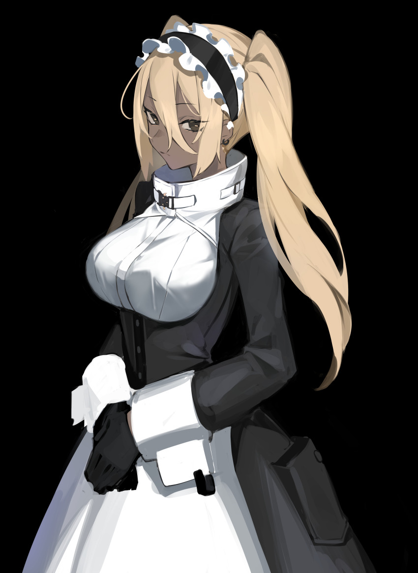 1girl, absurdres, balance_(superdust), black_background, black_gloves, blonde_hair, breasts, brown_eyes