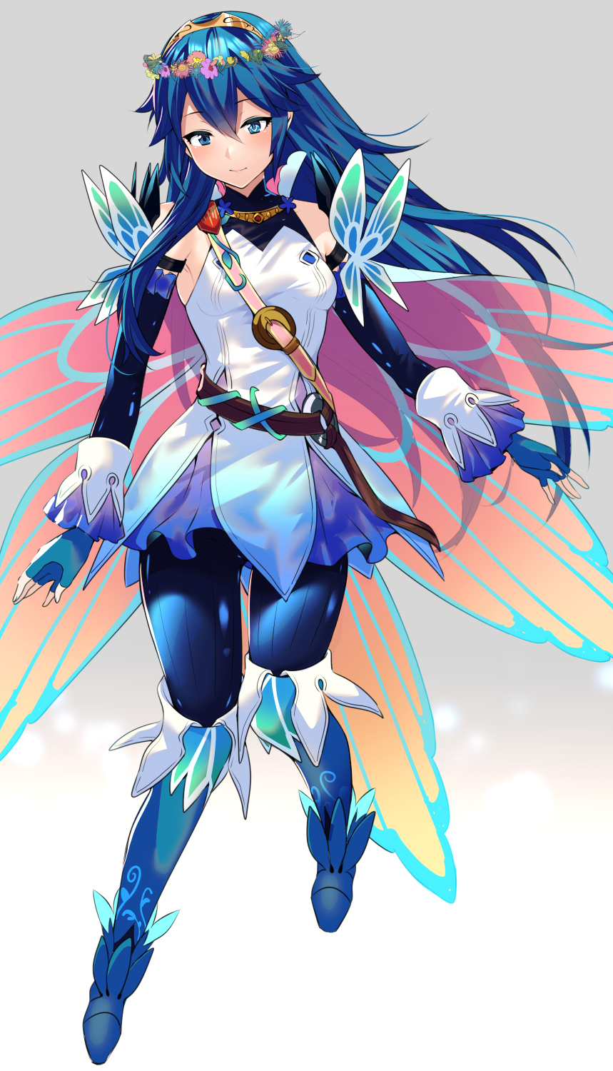 1girl, ameno_(a_meno0), armpits, blue_eyes, blue_hair, blush, breasts, butterfly_wings, fingerless_gloves, fire_emblem, fire_emblem_awakening, fire_emblem_heroes, gloves, head_wreath, highres, insect_wings, long_hair, lucina_(fire_emblem), lucina_(resplendent)_(fire_emblem), nintendo, official_alternate_costume, simple_background, small_breasts, smile, solo, symbol-shaped_pupils, tiara, wings