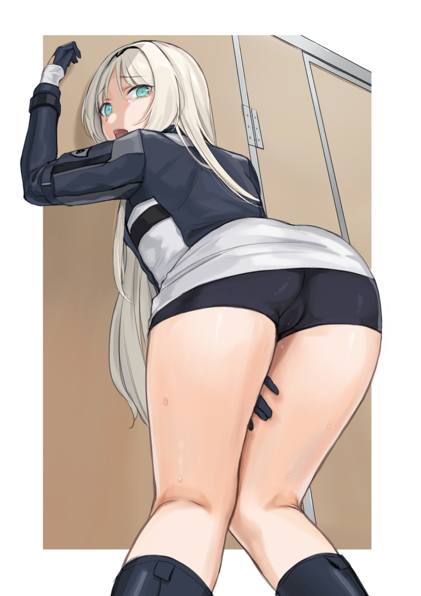 1girl, absurdres, an-94_(girls'_frontline), aqua_eyes, ass, bathroom, bike_shorts, black_boots