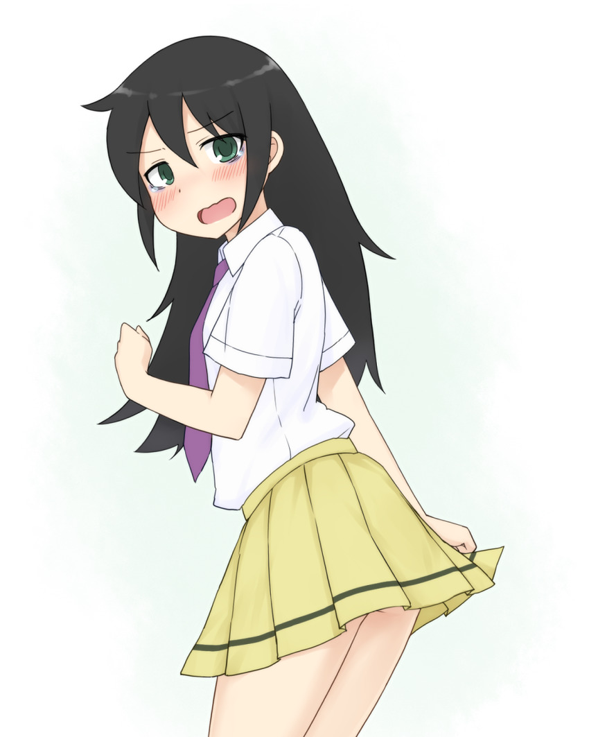 1girl, alternate_skirt_length, bags_under_eyes, black_hair, blush, collared_shirt, commentary_request, cowboy_shot