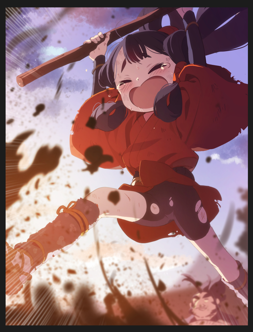 1boy, 1girl, absurdres, arms_up, bike_shorts, black_border, black_hair, blush, border, child, closed_eyes, dirty, dirty_clothes, doremi_(doremi4704), emphasis_lines, farming, hair_ornament, hair_rings, hair_tubes, highres, hoe, japanese_clothes, kimono, long_hair, mizura, mud, open_mouth, outdoors, red_kimono, sakuna-hime, sandals, short_eyebrows, sky, tauemon, tearing_up, tensui_no_sakuna-hime, torn_bike_shorts, torn_clothes