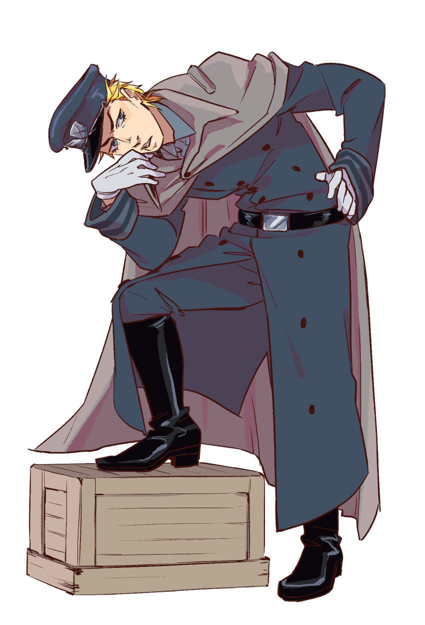 1boy, belt, black_boots, blonde_hair, blue_eyes, boots, cape, collared_shirt