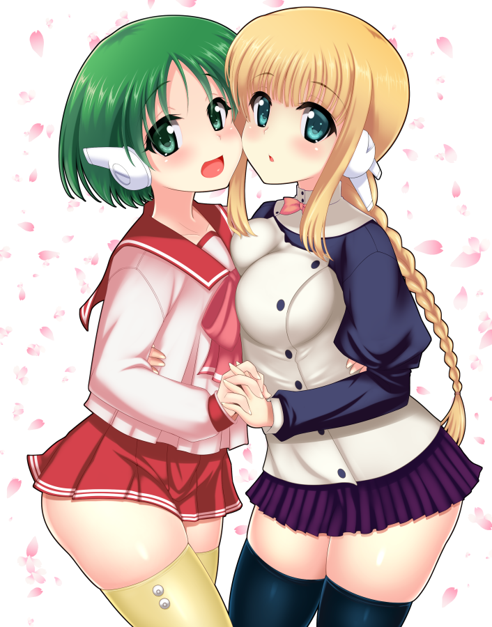 2girls, android, blonde_hair, blue_eyes, blush, braid, breasts, green_eyes