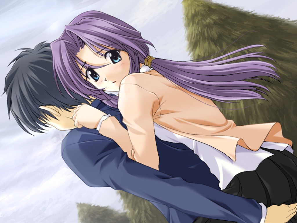 1boy, 1girl, blue_eyes, game_cg, kirishima_koyomi, long_hair, matsuo_yukihiro, memories_off, ponytail, purple_hair