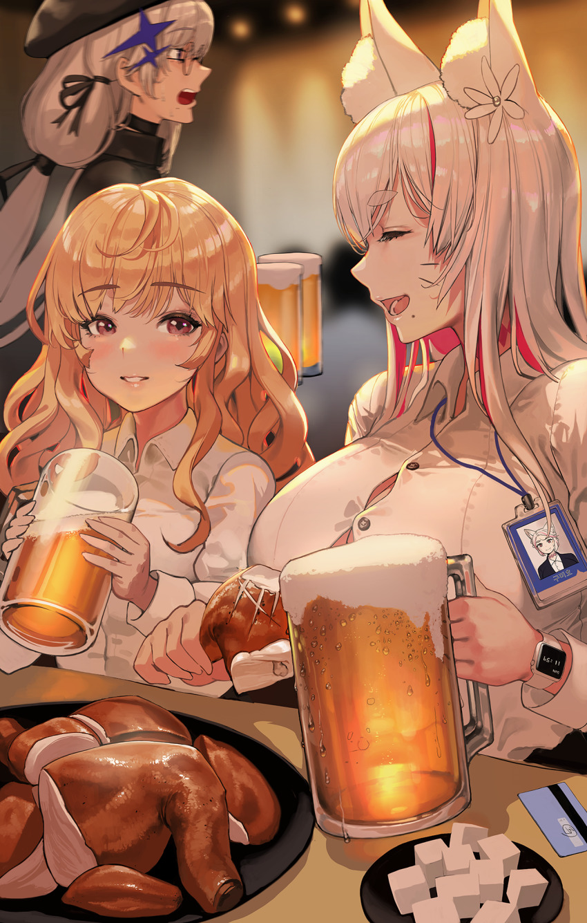 3girls, alcohol, animal_ears, beer, beer_mug, blonde_hair, blurry, blurry_background, blush, breasts, caca_(destiny_child), chicken_(food), cup, destiny_child, facial_mark, food, fox_ears, fox_girl, highres, large_breasts, metis_(destiny_child), mole, mole_under_mouth, mug, multicolored_hair, multiple_girls, name_tag, office_lady, pickle, radish, shirt, smile, sweat, tamamo_(destiny_child), two-tone_hair, whisker_markings, white_hair, white_shirt, zig90