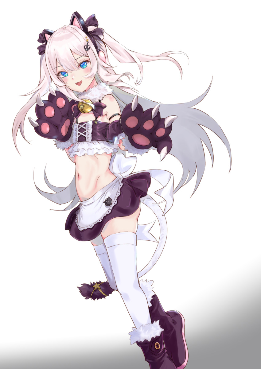 1girl, :d, anchor_hair_ornament, animal_ear_headphones, animal_ears, animal_hands, apron, azur_lane