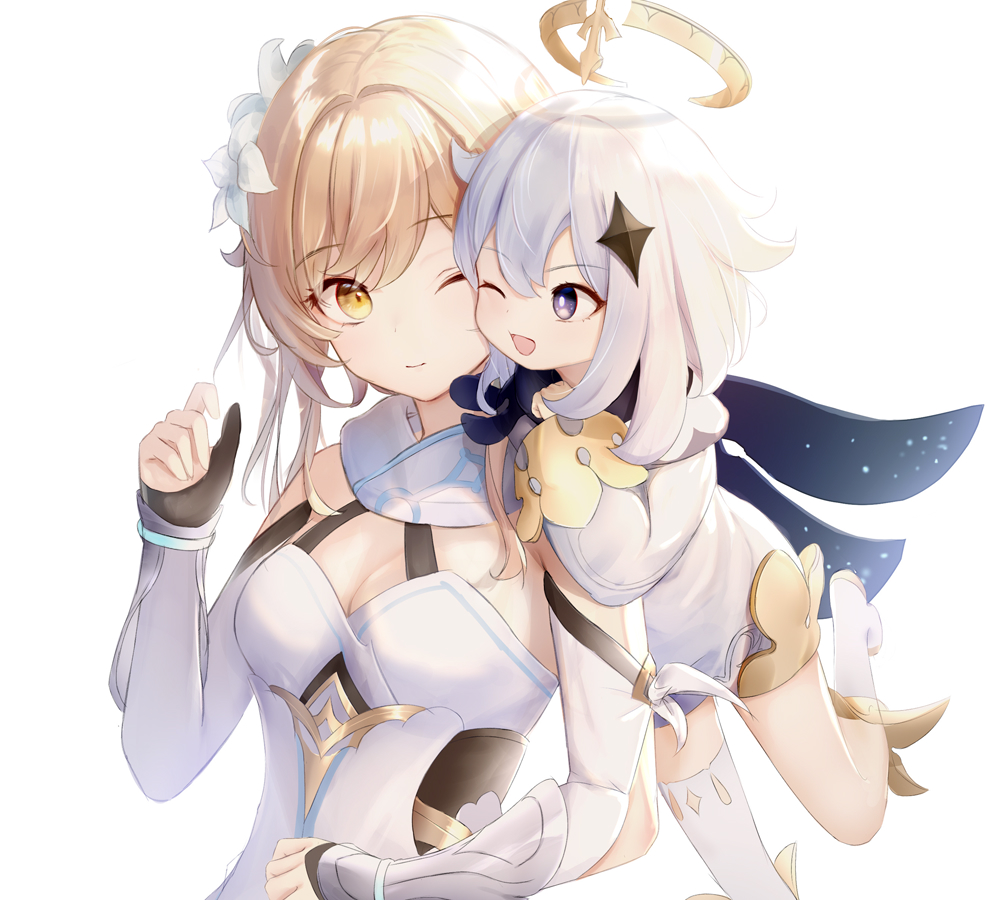 2girls, ;d, bare_shoulders, blonde_hair, breasts, cleavage, commentary_request, detached_sleeves