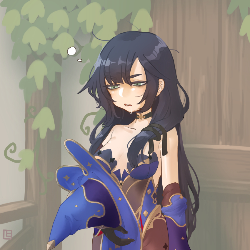 1girl, black_hair, black_pantyhose, breasts, building, choker, door, drooling, genshin_impact, gloves, green_eyes, hair_down, half-closed_eyes, hat, highres, holding, holding_unworn_clothes, holding_unworn_hat, house, leotard, long_sleeves, messy_hair, mona_(genshin_impact), open_mouth, outdoors, pantyhose, shima_(wideshi_ma), solo, standing, unworn_hat, unworn_headwear, waking_up, witch_hat