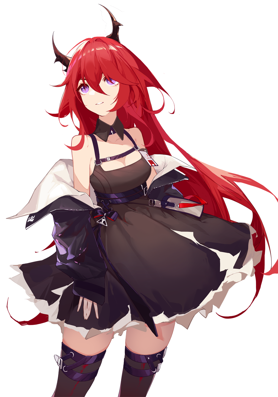 1girl, arknights, black_dress, black_thighhighs, breasts, cleavage, commentary, detached_collar, dress, hair_between_eyes, highres, hiruno_baizhou, horns, long_hair, long_sleeves, medium_breasts, off_shoulder, purple_eyes, red_hair, revision, short_dress, simple_background, sleeves_past_wrists, solo, surtr_(arknights), thighhighs, thighs, very_long_hair, white_background, zettai_ryouiki
