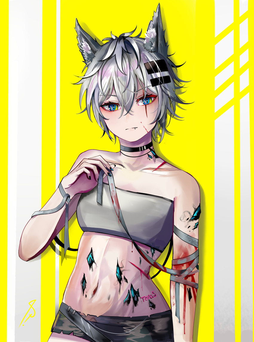 1girl, absurdres, alternate_hair_length, alternate_hairstyle, animal_ear_fluff, animal_ears, arknights, bandages, bandeau, bare_arms, bare_shoulders, black_choker, black_nails, black_shorts, blood, blue_eyes, chinese_commentary, choker, collarbone, commentary_request, fang, fang_out, hair_between_eyes, hair_ornament, hairclip, hand_up, highres, lappland_(arknights), looking_at_viewer, material_growth, micro_shorts, midriff, nail_polish, navel, oripathy_lesion_(arknights), po!son, scar, scar_across_eye, scar_on_face, short_hair, shorts, silver_hair, solo, stomach, strapless, tube_top, upper_body, wolf_ears, yellow_background
