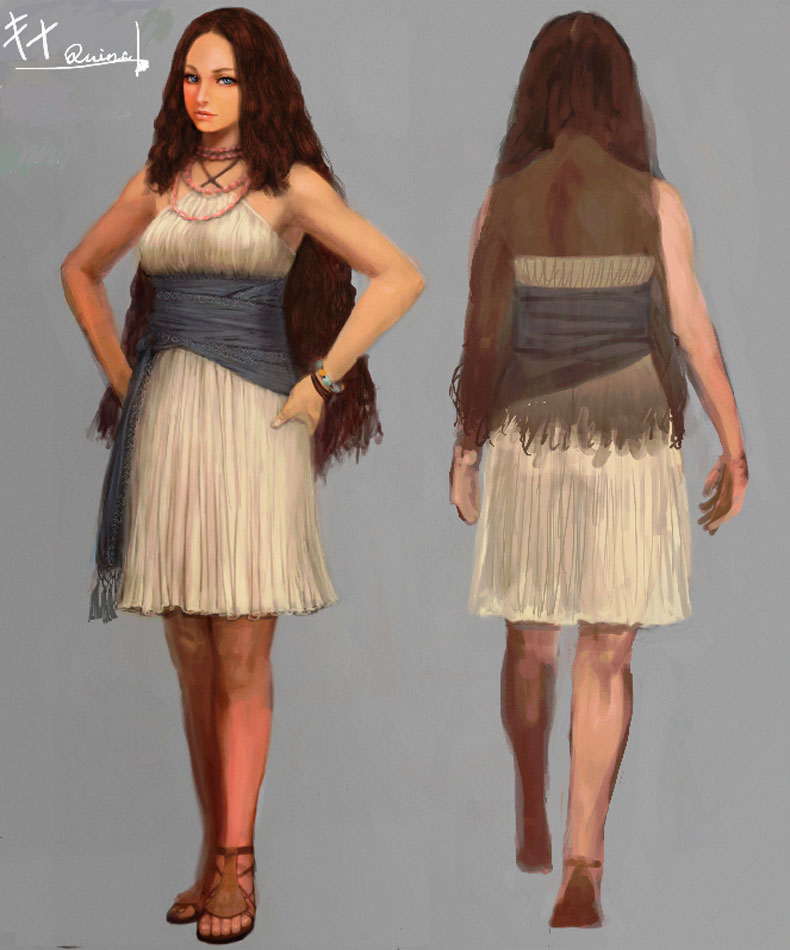1girl, artist_request, bare_shoulders, blue_eyes, bracelet, brown_hair, character_name, closed_mouth, concept_art, criss-cross_halter, curly_hair, dragon's_dogma, dragon's_dogma_(series), dress, grey_background, halterneck, hands_on_own_hips, jewelry, long_hair, looking_at_viewer, multiple_views, necklace, official_art, quina_(dragon's_dogma), sandals, sash, smile, standing, very_long_hair, white_dress, wristband
