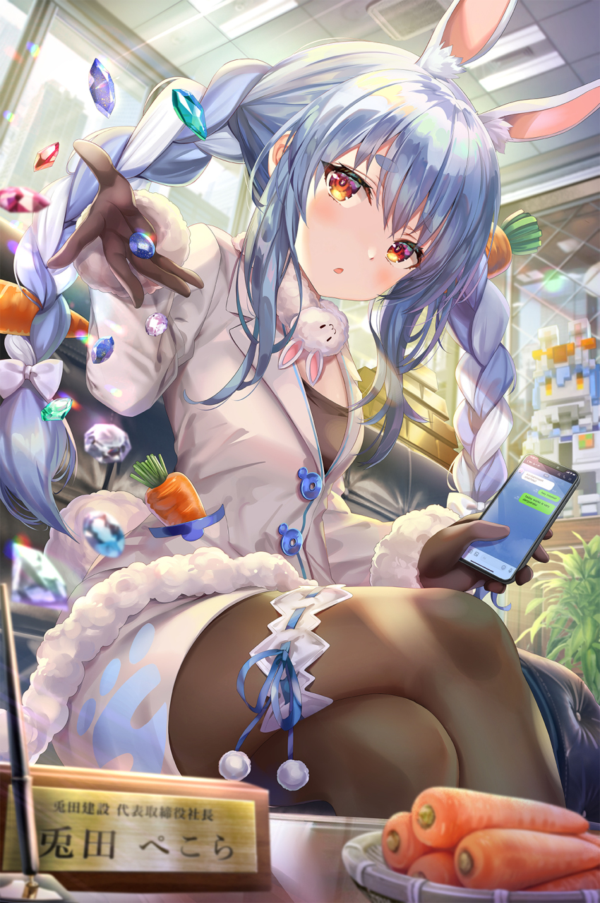 1girl, animal_ear_fluff, animal_ears, blurry, braid, carrot, carrot_hair_ornament, ceiling, cellphone, commentary_request, couch, crossed_legs, depth_of_field, fluorescent_lamp, food-themed_hair_ornament, gem, green_gem, grey_hair, hair_ornament, highres, hololive, lapis_lazuli_(gemstone), miniskirt, nameplate, open_hand, pantyhose, pekodam, phone, rabbit_girl, red_eyes, short_eyebrows, skirt, solo, statue, thigh_strap, torino_aqua, twin_braids, usada_pekora, usada_pekora_(1st_costume), virtual_youtuber
